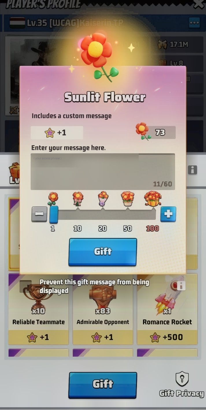 Sending the Sunlit Flower gift to Kaiserin TP with the personal code in the custom message